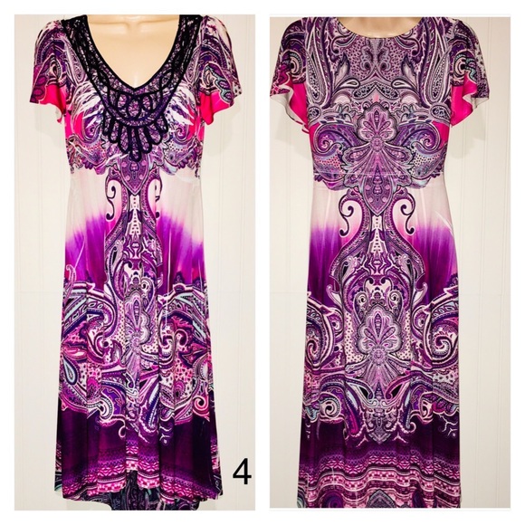 🟠 ONE WORLD Purple Multi Micro Jersey Knit Flutter Sleeve Hi-Lo Dress - Picture 1 of 7